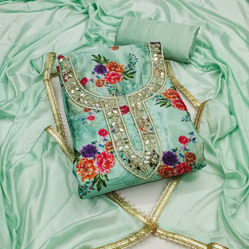 Women's sea green digital print chinnon dress material