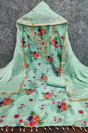  sea green digital print chinnon dress material