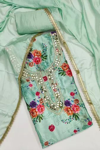  sea green digital print chinnon dress material