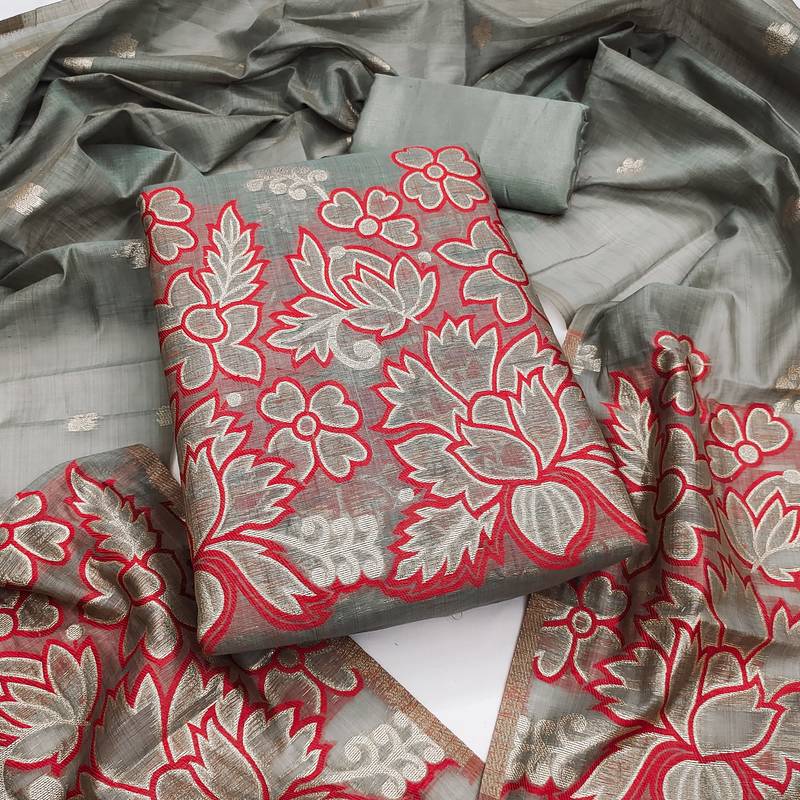 Women's grey weaving emblishment dress material