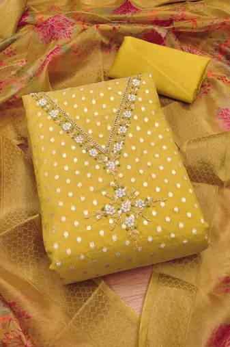 Women's embroidery neck weaving silk dress material