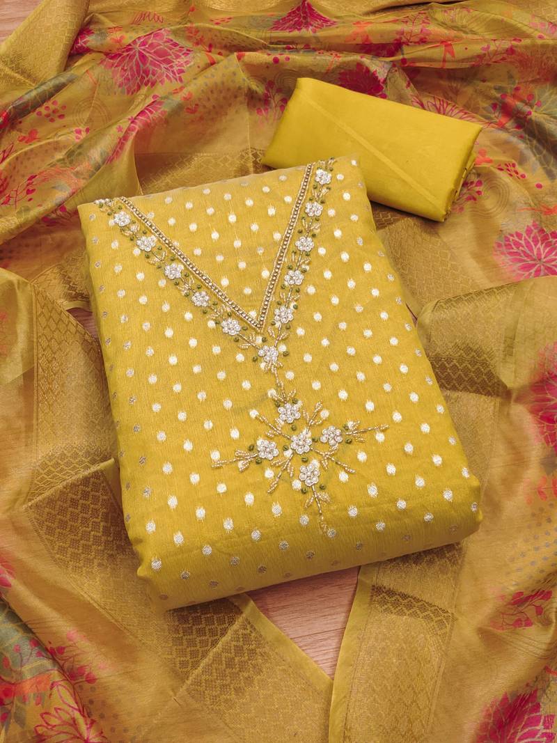 Women's embroidery neck weaving silk dress material