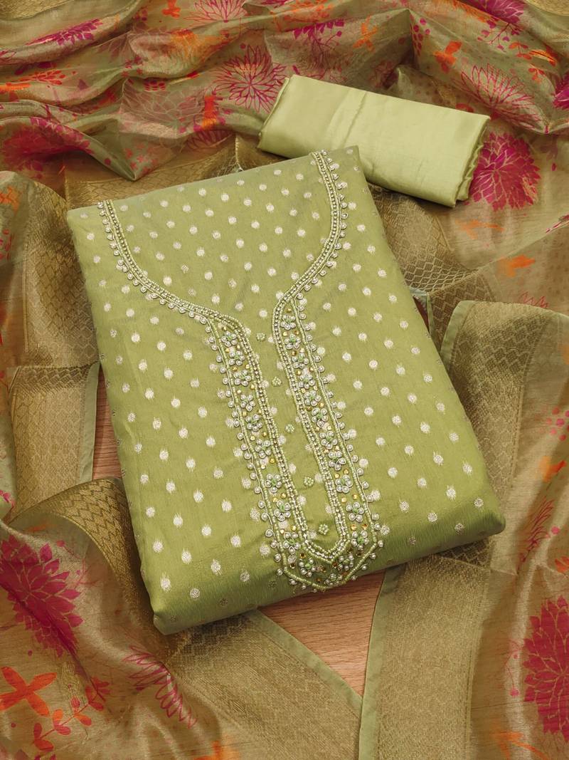 Women's embroidery neck weaving silk dress material