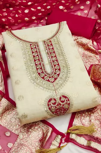 Women's beige embroidery jacquard dress material