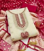 Women's beige embroidery jacquard dress material