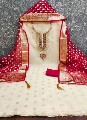  beige embroidery jacquard dress material 2