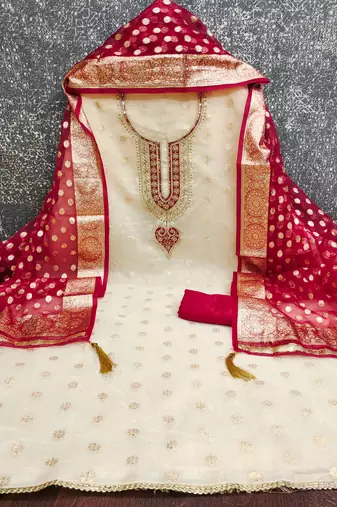  beige embroidery jacquard dress material