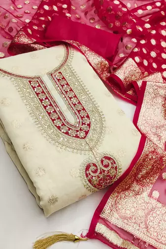 beige embroidery jacquard dress material