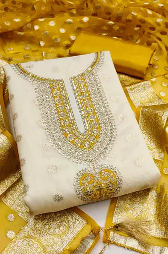 Women's beige embroidery jacquard dress material