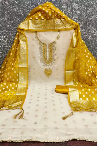  beige embroidery jacquard dress material