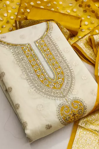 beige embroidery jacquard dress material