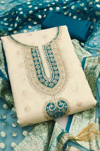 Women's beige embroidery jacquard dress material