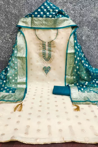  beige embroidery jacquard dress material