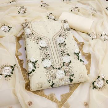  beige embroidery daimond georgette dress material 1