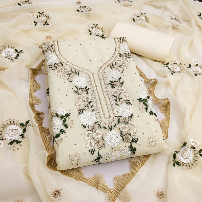 Women's beige embroidery daimond georgette dress material