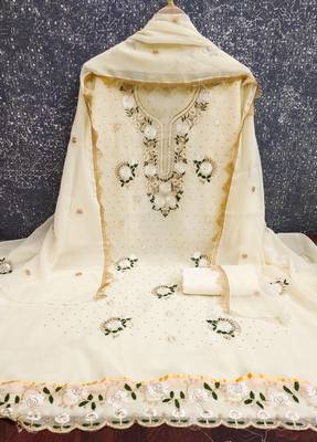  beige embroidery daimond georgette dress material 2