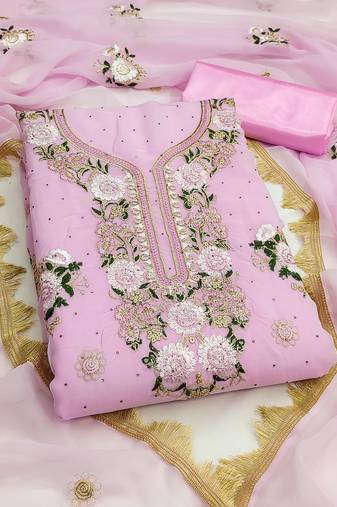 Women's pink embroidery daimond georgette dress material