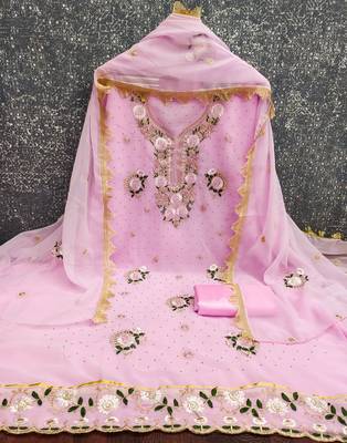  pink embroidery daimond georgette dress material 2