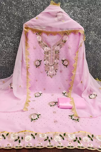  pink embroidery daimond georgette dress material