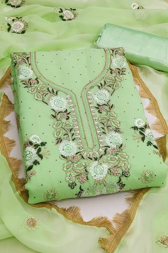 Women's green embroidery daimond georgette dress material