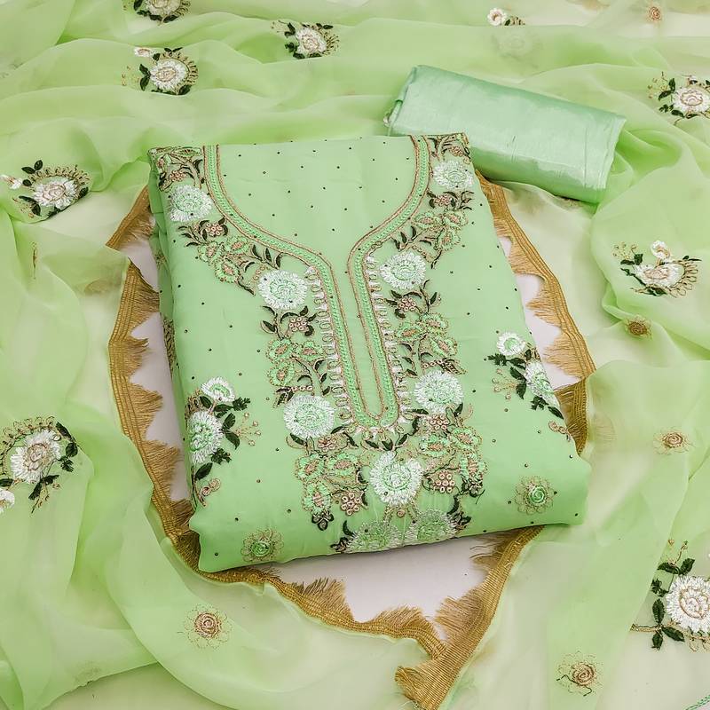 Women's green embroidery daimond georgette dress material