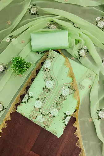  green embroidery daimond georgette dress material