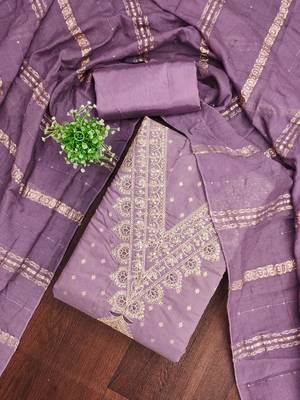  levender embroidery chanderi dress material 3