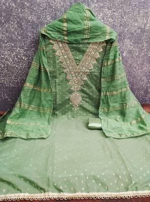  light green embroidery chanderi dress material 2