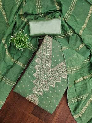  light green embroidery chanderi dress material 3