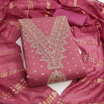  pink embroidery work chanderi dress material 1