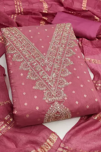 Women's pink embroidery work chanderi dress material