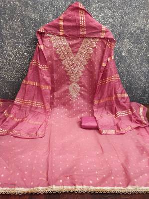  pink embroidery work chanderi dress material 2