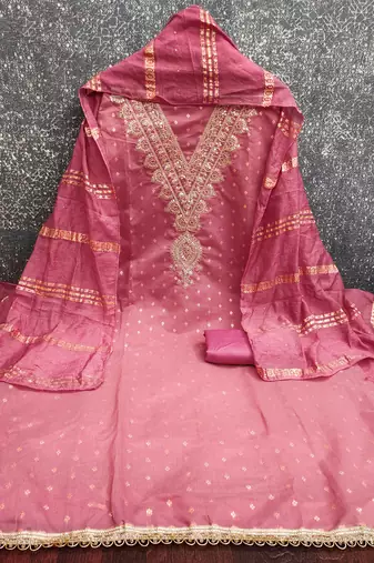 pink embroidery work chanderi dress material