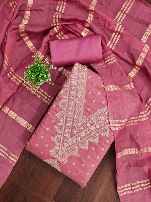  pink embroidery work chanderi dress material 3