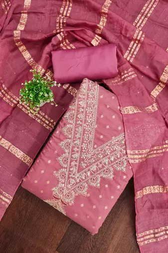 pink embroidery work chanderi dress material