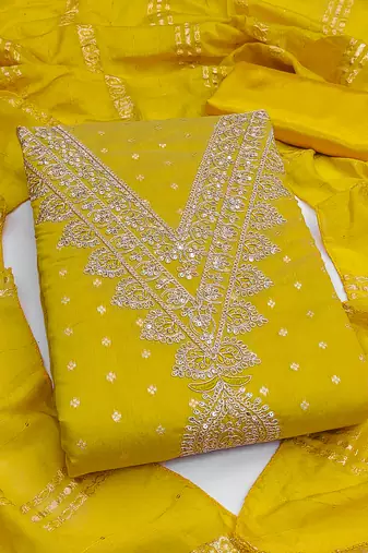 Women's yellow embroidery chanderi dress material