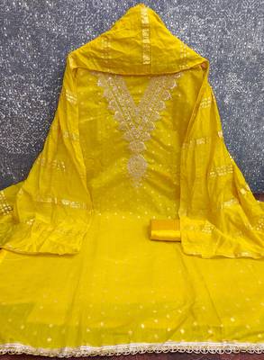  yellow embroidery chanderi dress material 2