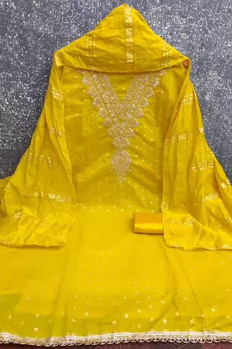  yellow embroidery chanderi dress material