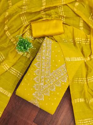  yellow embroidery chanderi dress material 3