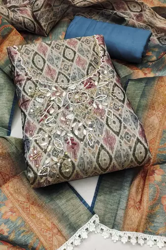 Women's multi hand work cotton silk dress material