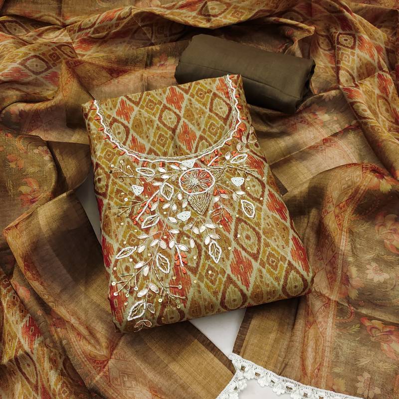 Women's multi hand work cotton silk dress material