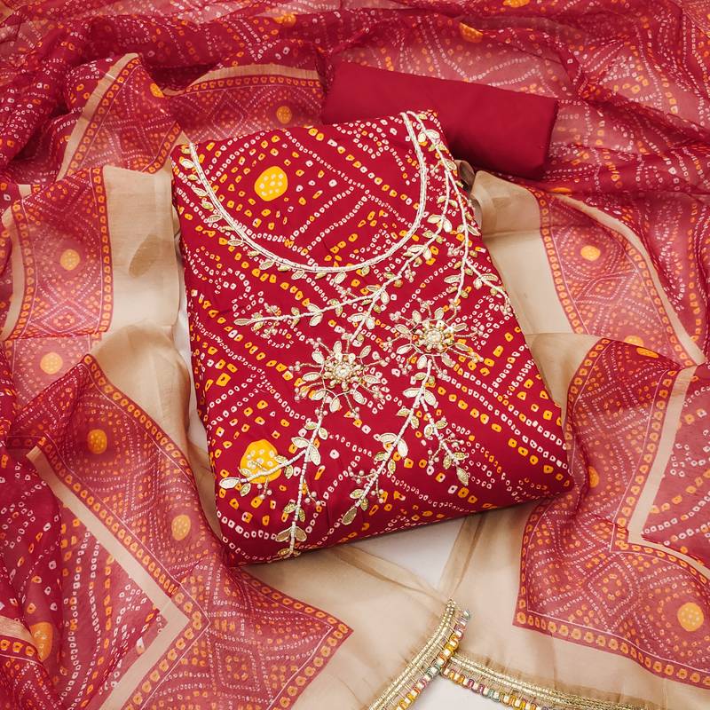 Women's maroon bandhani print modal dress material