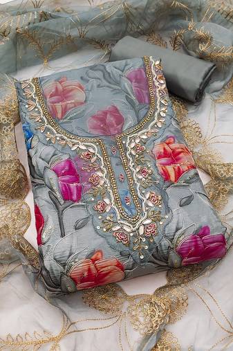 Women's grey position print organja dress material