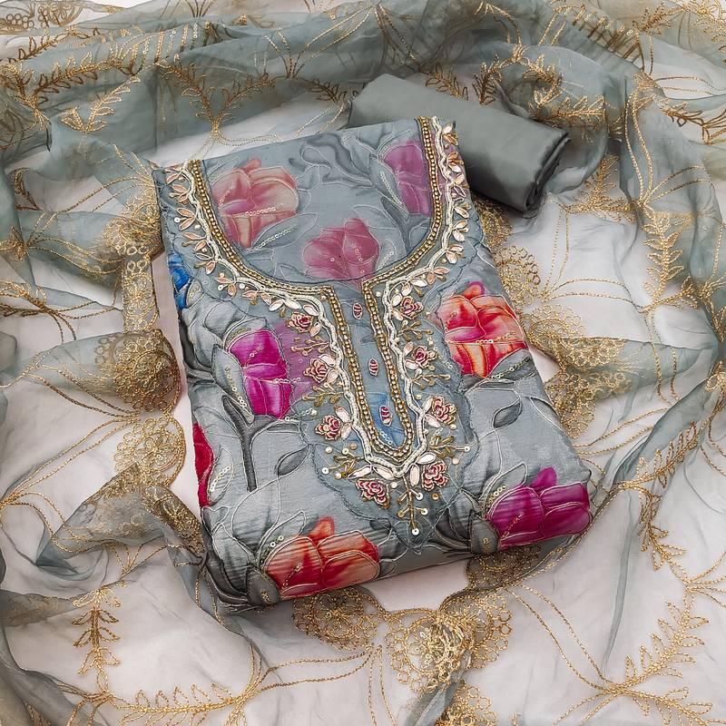 Women's grey position print organja dress material