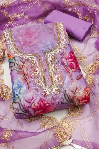 Women's purple position print organja dress material