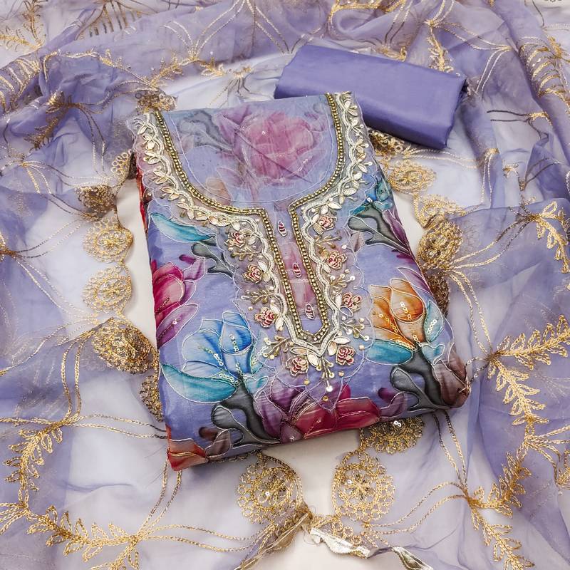 Women's levender position print organja dress material