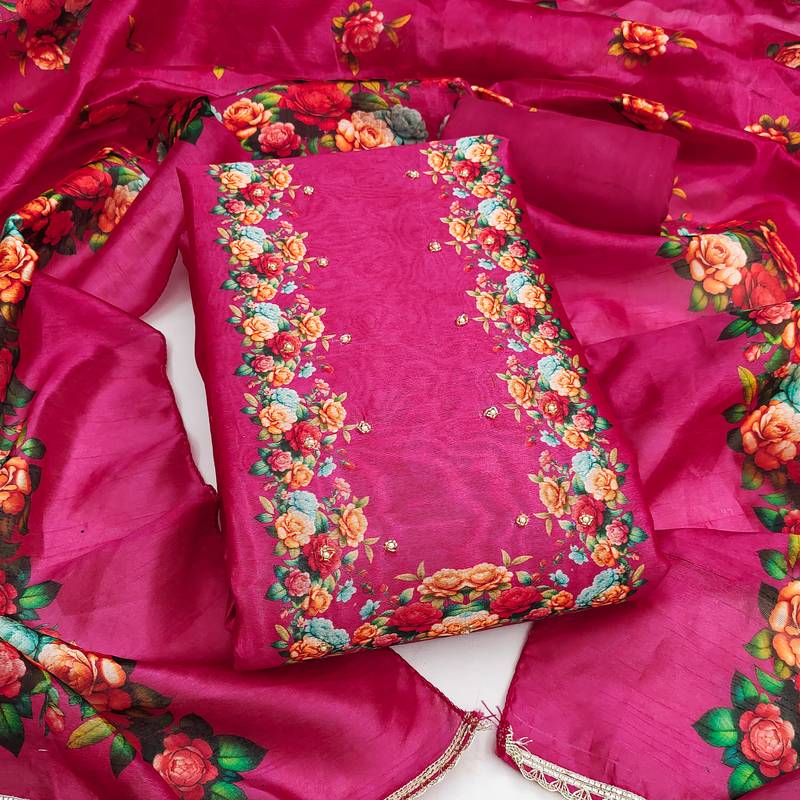 Women's magenta printed jharna silk dress material