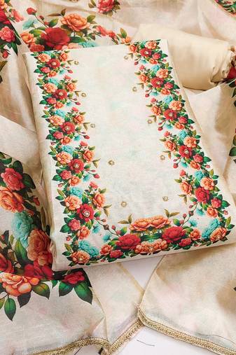 Women's off white printed jharna silk dress material