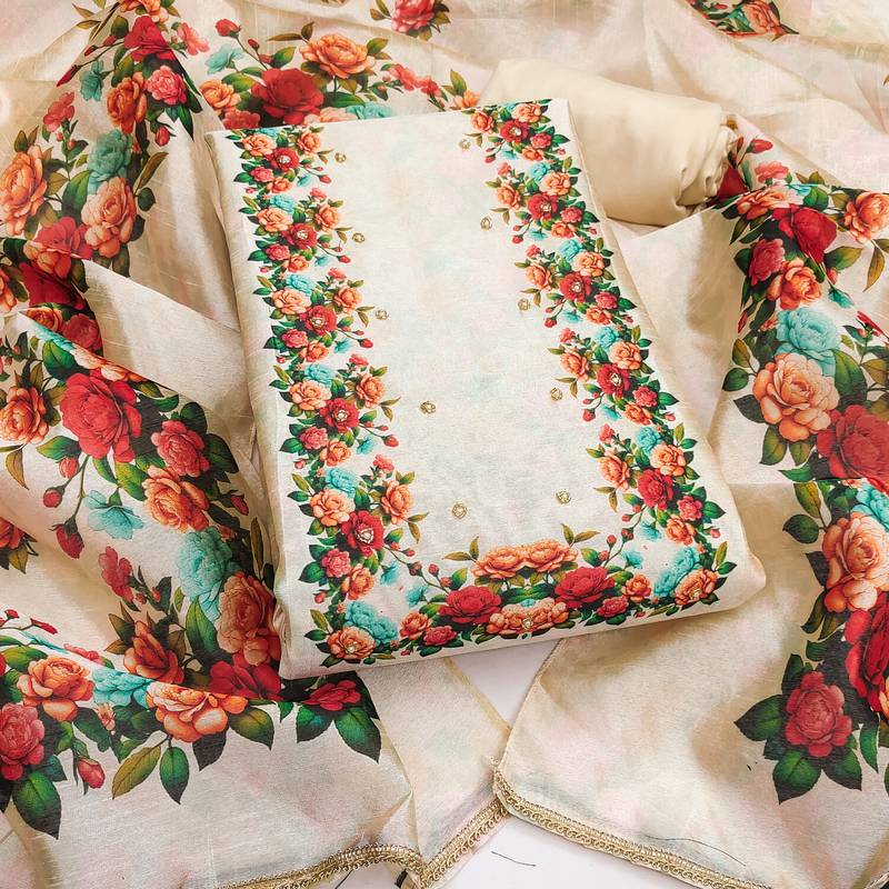 Women's off white printed jharna silk dress material