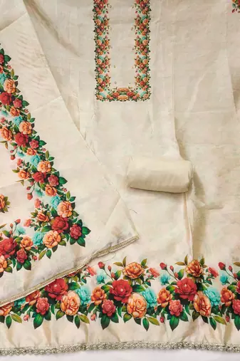  off white printed jharna silk dress material